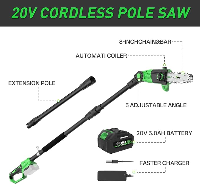 SOYUS Pole Saw 8-Inch Cordless, Electric Pole Saw for Tree Trimming with 2 X 3.0Ah Battery & Charger, 15-Foot Max Reach Cordless Tree Trimmer with Multi-Angle, 16ft/s Speed, Auto Oiling
