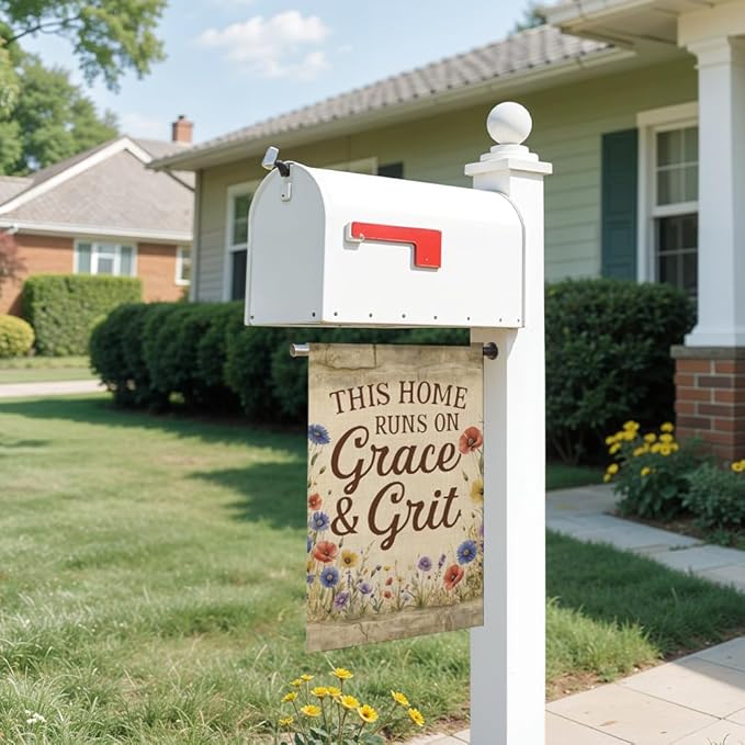This Home Runs On Grace and Grit Garden Flag Double Sided Yard Outdoor Decoration 12x18 Inch, Vintage Floral Yard Decoration Garden Flag, Christian Home Banner, New Home Housewarming Gifts