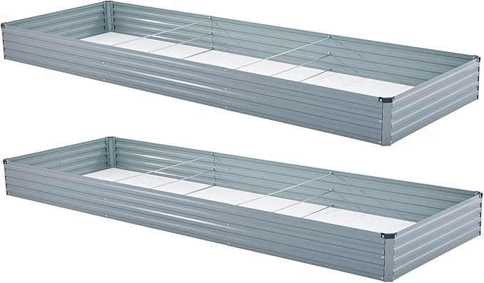 Meberam 2 Pack 12x4x1FT Galvanized Raised Garden Bed Kit, Outdoor Metal Planter Box for Vegetables, Bottomless Rectangular Gardening Bed with Support Rods, Tool-Free Assembly, Gray