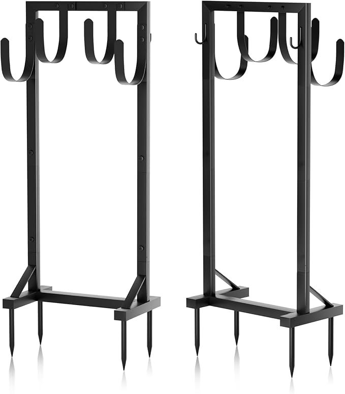 Heavy-Duty Garden Hose Holder with Stable Base and Tool Hooks, Freestanding Metal Hose Hanger Garden Hose Storage Holds 151Ft Hose, Rustproof Water Hose Holder for Outside Yard Lawn, Black