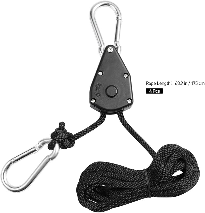 4-Pack Heavy Duty Adjustable Grow Light Ratchet Rope Hanger Yoyo – 68.9In Length, Braided Nylon & Stainless Steel, 150 lbs Load Capacity for Indoor/Outdoor Plant Lighting, Garden Tool Suspension