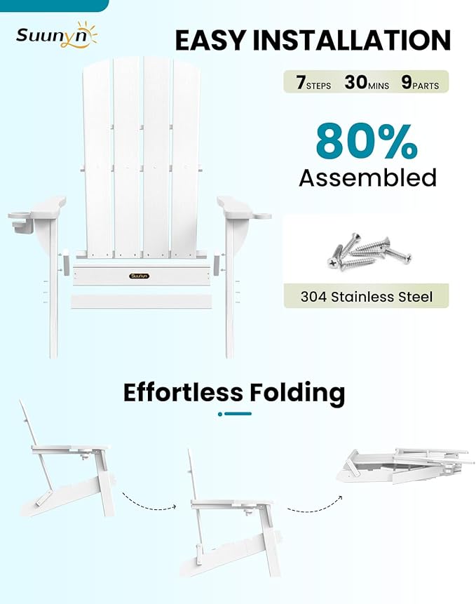 Folding Adirondack Chair 6 Pack, HDPE All-Weather Fire Pit Chairs, Plastic Adirondack Chairs with 2 Cup Holder, Outdoor Lawn Chair for Patio Garden (White)