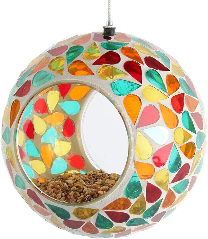 Lily's Home Hanging Outdoor Fly Through Wild Bird Feeder, an Excellent Addition to Any Garden, Mosaic. 5.5 Inches Diameter - Multi Color Droplets