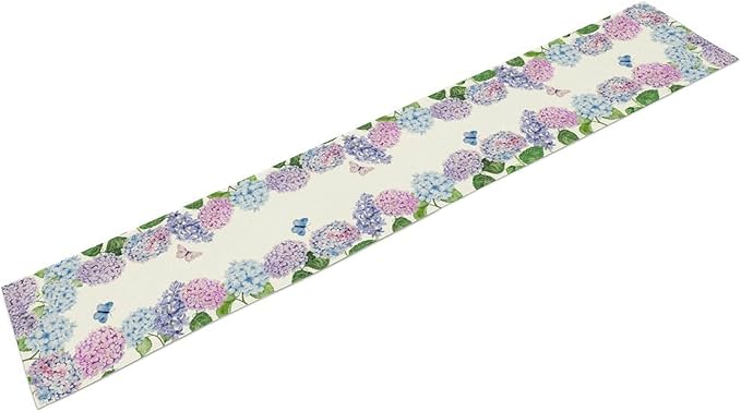 Blue Hydrangea Table Runner, Rustic Country Watercolor Floral Spring Summer Seasonal Flower Butterfly Farmhouse Table Center Decor for Family Kitchen and Dining Party Table Decorations, 13"x36"