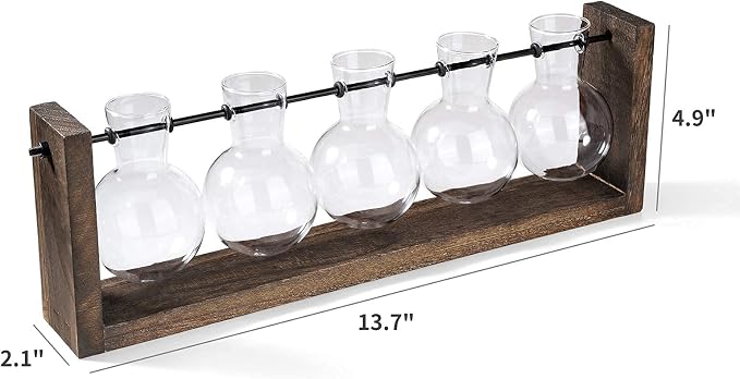 Mkono Plant Terrarium with Wooden Stand, Wall Hanging Glass Planter Desktop Propagation Bulb Vase Metal Swivel Holder Retro Rack for Hydropoincs Plants Home Office Decor(5 Bulb Vase)
