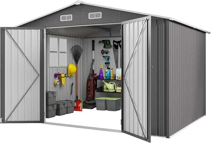KEIKI 10x8 FT Outdoor Metal Storage Shed with Vent,Window and 2 Swing Door,Sloped Roof for Patio Backyard Bicycles