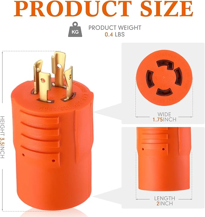 Kanayu NEMA L14-20P to L14-30R 20Amp to 30Amp Generator Adapter4 Prong Locking Generator 20Amp Male Plug to 30Amp Female Receptacle Adapter(Orange)