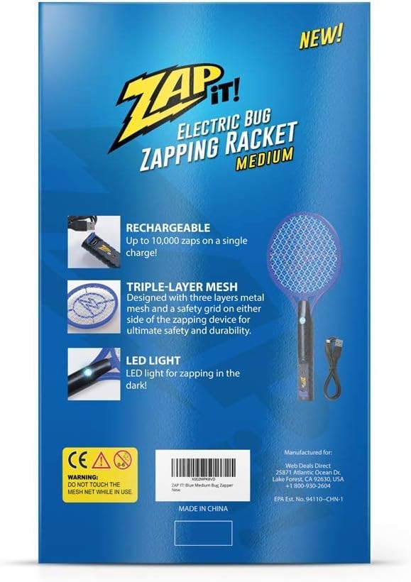 ZAP IT! Rechargeable Electric Fly Swatter Racket - 4,000-Volt Mosquito Zapper with USB Charging and LED Light - Large - Safe 3-Layer Mesh Bug Zapper Racquet for Indoors and Outdoors - Yellow