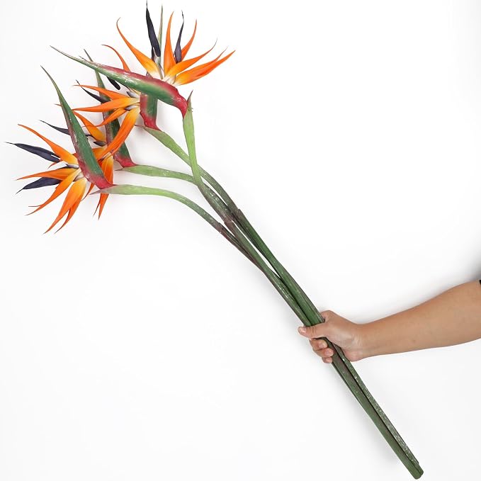 2 Pcs 39.4inch Artificial Birds of Paradise Plant Faux Birds of Paradise Stems Fake Tropical Plants Long Stem for Wedding Home Party Hotel Table Centerpiece Indoor Outdoor Vases Decor (Orange)