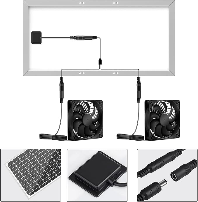 Solar Powered Fan Kit 17.72 Inch IPX7 Weatherproof, 22W Solar Panel with 2 Waterproof Fans, Intake or Exhaust Air Fan for Outside Backyard Chicken Coops, Greenhouses, Doghouse
