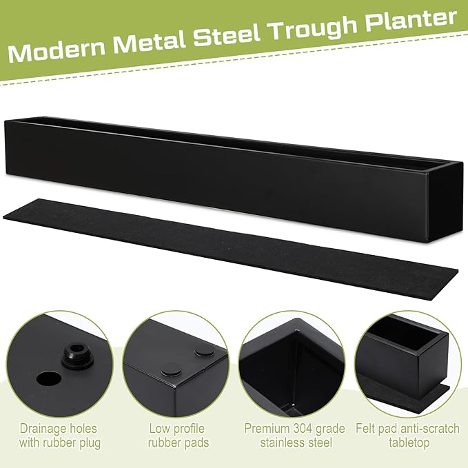 FillTouch 1 Pcs Long Rectangular Planter Box Window Sill Plant Box Metal Water Trough Indoor Large Modern Steel with Drainage Holes Herb Garden Home (32 x 3.5 x 3.5 Inch,Black)