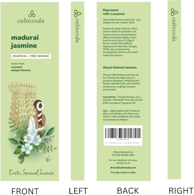 Madurai Jasmine Incense Sticks Exotic - Sensual Aroma (80 Sticks) Charcoal Free Incense, Made from Upcycled Flowers | Rich Decadent from Green, Fruity Yet Creamy Floral | Kama or Love Incense Sticks