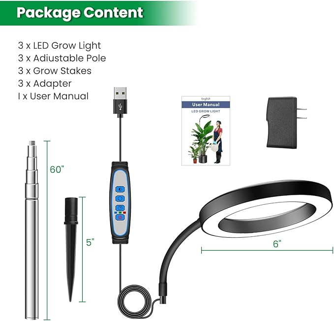 Garpsen Plant Light, Full Spectrum Grow Light with Gooseneck, 3 Colors Modes and 5 Dimmable Levels, 6/12/16H Timer, 65'' Height Adjustable Grow Lamp for Large Plants(3Pack)