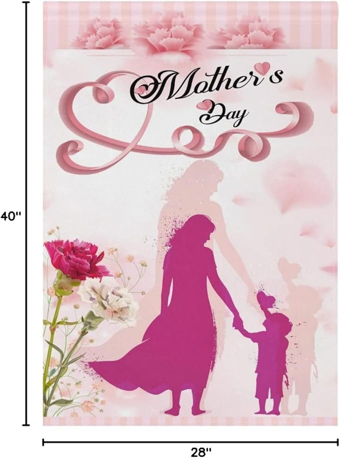 Wamika Mother's Day Garden Flag Pink Flowers Carnations Double Sided Flags 28" x 40" Happy Mothers Day Love Hearts Large House Flag House Banner Yard Outdoor Porch Decorations