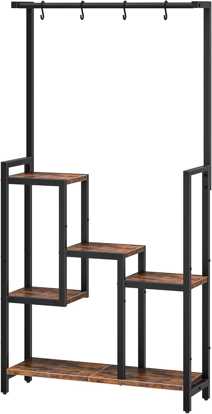 CHOEZON Plant Stand Indoor, 63" Tall Wooden Plant Shelf with Hanging Hooks and Staggered Tiers, Freestanding Flower Rack for Living Room, Balcony, Corner, Rustic Brown and Black TCJ41BF