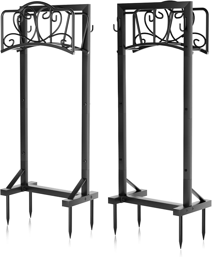 Garden Hose Holder with Tool Hooks and Stable Base, Heavy-Duty Garden Hose Storage Metal Hose Hanger Holds 160Ft, Rustproof Freestanding Water Hose Holder for Outside, Yard, Lawn, Farm, Black