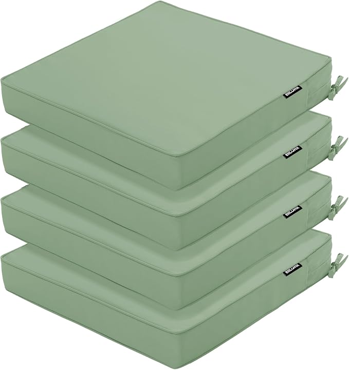 4 Pack Outdoor Chair Cushions 19 x 19 Inch Water Resistant Patio Chair Cushions with Tie 3 Year Color Fastness Thick Outdoor Seat Cushion for Garden Lawn Patio Furniture Sage Green