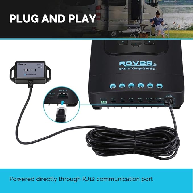 Renogy BT-1 Bluetooth Module for Solar Controllers - Wireless Monitor via DC Home App, 82ft Range, IP54 Waterproof, RJ12/RS232 Port, Compatible with Rover/Wanderer/Adventurer