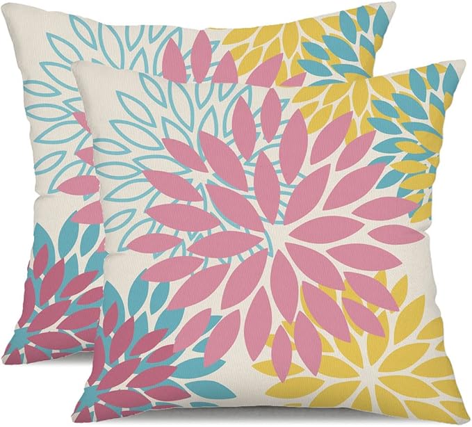DFXSZ Pink Yellow Blue Flower Pillow Covers 16x16 Inch Set of 2 Outdoor Throw Pillows Outdoor Waterproof Decor for Living Room Sofa Patio Funiture Garden Floral Polyester Pillow Covers 012A16