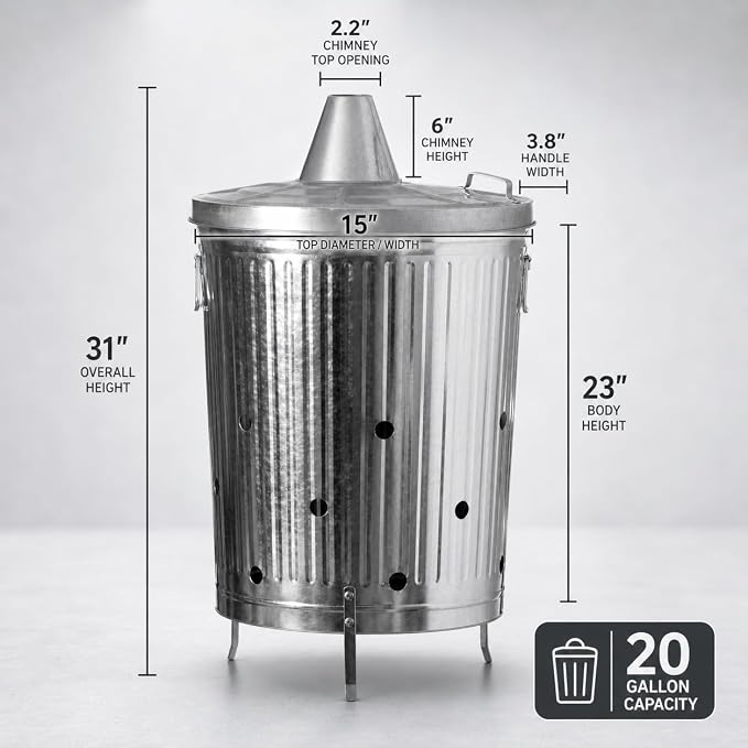 Gardenised 20-Gallon Galvanized Steel Incinerator Can with Lid & Vent Holes, High-Heat Outdoor Burn Bin for Leaves, Paper, Yard Waste & Garden Debris, Silver