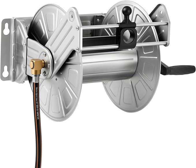 VEVOR Wall Mounted Garden Hose Reel, Holds 150 ft 5/8-inch Water Hose Winder, Heavy-Duty Stainless Steel, Outdoor Manual Reel with Brass Fitting & Hose Guide, Space Saving, for Yard Lawn Garage