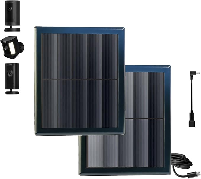 2 Pack 8W Solar Panel for Ring Camera,Solar Panel Charger for Rings Spotlight,Solar Charger for Ring Doorbell,Solar Panel for Security Camera,10ft Long Cable with USB-C to Ring Barrel Plug Adapter