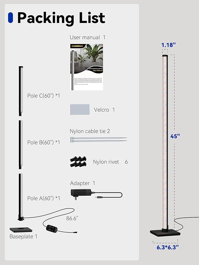 GLOWRIUM Grow Lights for Indoor Plants, 30W Vertical Plant Grow Lights with Auto-Timer, Full Spectrum LED Standing Plant Grow Light, 3 Light Modes, 6-Level Dimmable (45in)