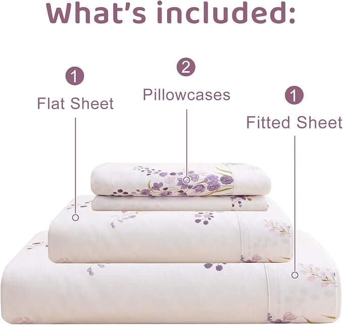 QSH Lavender Floral Bed Sheets Queen Size - 100% Egyptian Cotton Sheets Purple Flower Printed Bedding Sheets Queen Size Bed 4pcs Deep Pockets Bed Sheets