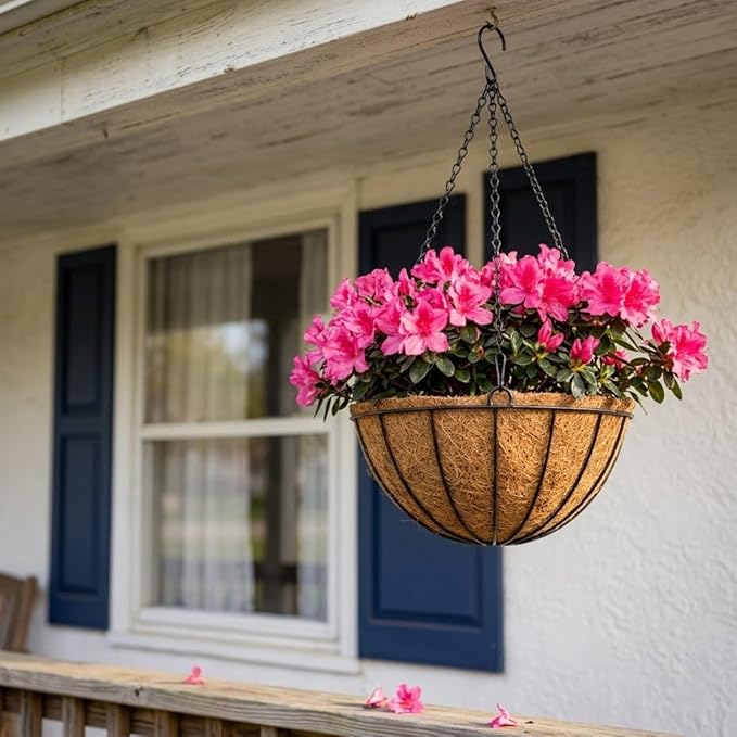 12 Inch Metal Hanging Basket with Coco Coir Liner for Flowers Planting, 2 Pack Hanging Baskets for Plants Outdoor, Round Wire Planters with Chain for Home Patio Porch Balcony Garden Decor