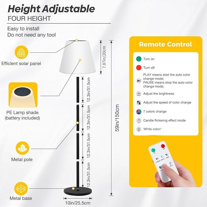 Gewiny Outdoor Floor Lamp Solar Powered Outdoor Lamps for Patio Waterproof,Rechargeable Indoor Cordless Floor Lamp with Light Sensor,Dimmable Warm White+RGB LED Outdoor Lamp for Lawn,Pool,Garden.