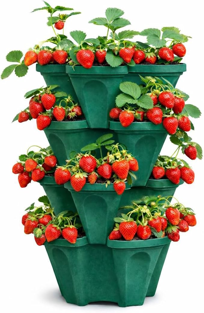 Large Vertical Planter Tower – 4 Tier Stackable Garden Planter, 16 Plant Sites, Commercial Grade Strawberry Planter, Heavy Duty Vertical Growing System with Center Support Hole (Deep Forest, Large)
