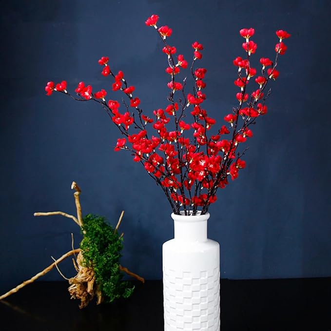 5 Pcs Artificial Plum Blossom Fake Wintersweet Long Stem Plastic Flowers Home Hotel Office Wedding Party Garden Decor 27.5'' High Red