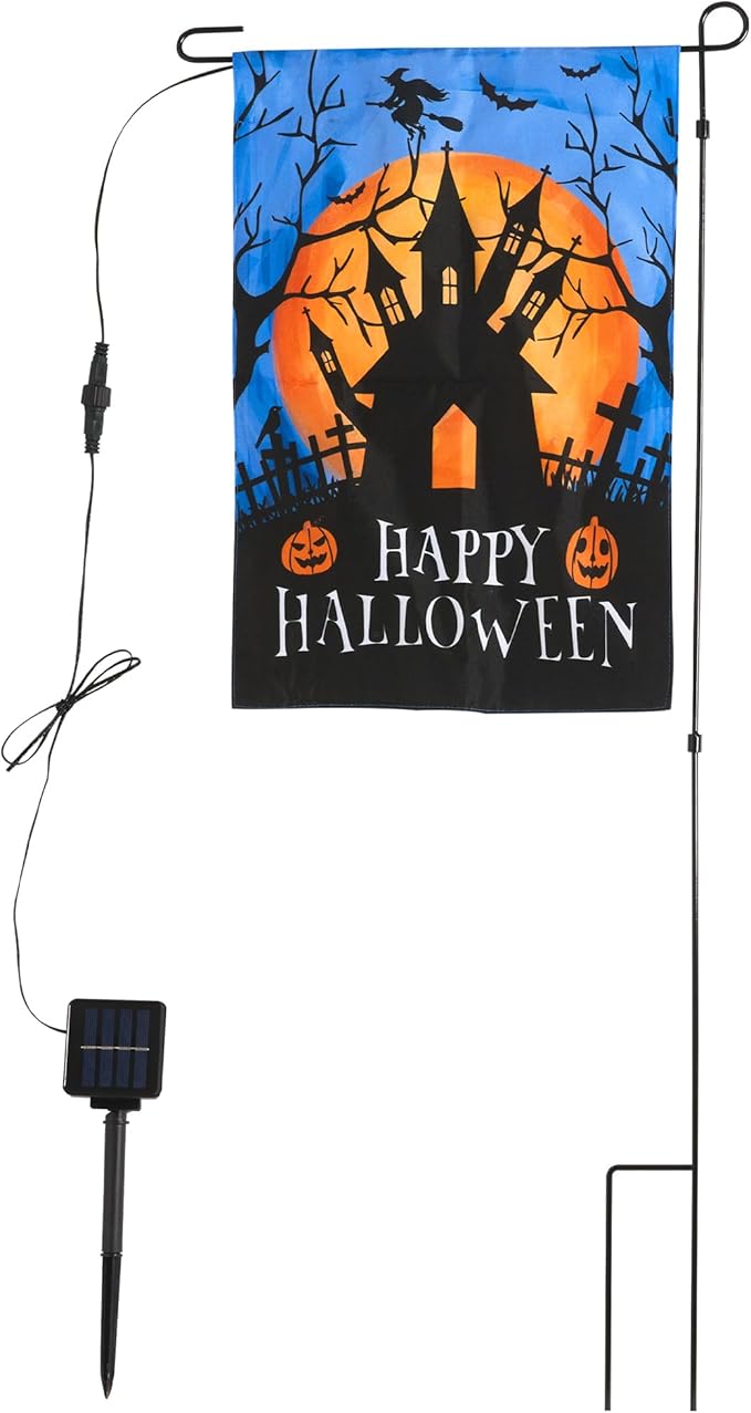 LED Christmas Haunted House Garden Flag Stake, Solar-Powered Double-Sided Outdoor Decor, Scary Yard Flag for Patio Lawn Thanksgiving Party Winter Holiday Decorations & Gifts