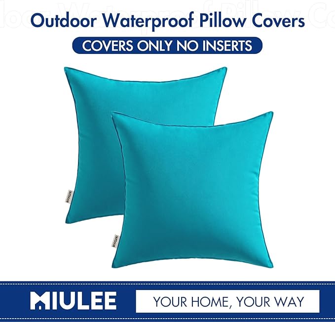 MIULEE Pack of 2 Decorative Outdoor Waterproof Pillow Covers Square Garden Cushion Sham Throw Pillowcase Shell for Patio Tent Couch 16x16 Inch Turquoise