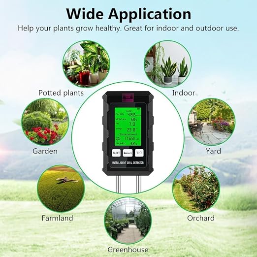 Soil Test Kit, 6-in-1 Soil Moisture, PH, Fertility Meter with Digital Soil Temp, Air Temp and Humidity, Dual Screen Tester for Plants, Lawn, Farm, Indoor and Outdoor(2*AAA Battery Needed)