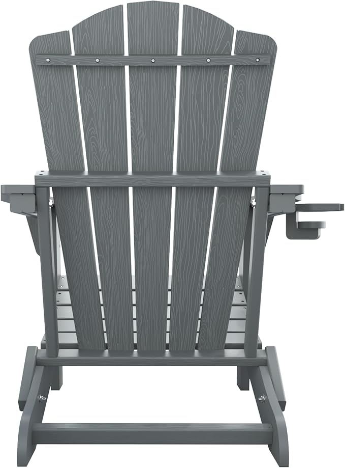 THOEOE Folding Adirondack Chair Set of 4, HDPE All-Weather Outdoor Chair with Cup Holder, Wooden Textured, Fire Pit Chair, Plastic Patio Chair for Deck, Backyard, Garden, Lawn, Grey