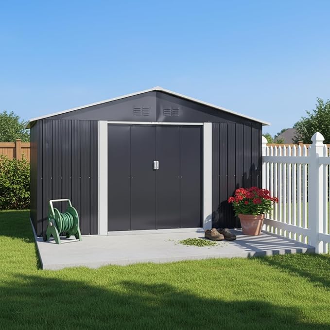 YOPTO 11.2x10.6 FT Outdoor Storage Shed Galvanized Metal Tool Shed with Window and Sliding Door,Waterproof Garden House w/Punched Vents & Locks,for Patio,Lawn,Backyard,Grey