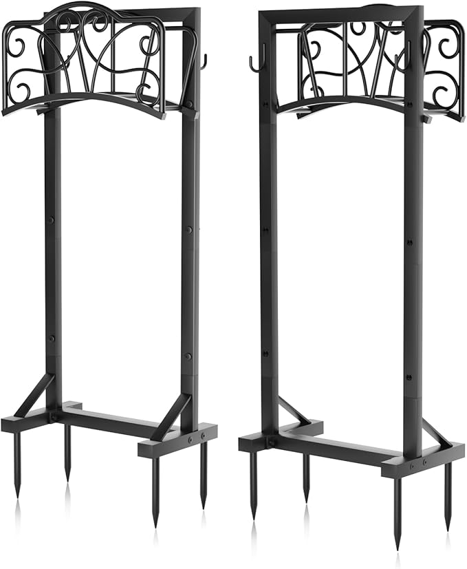 Heavy-Duty Garden Hose Holder with Tool Hooks and Stable Base, XEAPOMS Metal Hose Hanger Garden Hose Storage Holds 160Ft, Rustproof Freestanding Water Hose Holder for Outside, Yard, Lawn, Farm