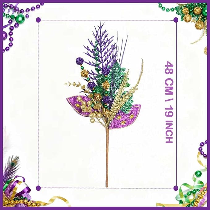 6 PCS Mardi Gras Picks Decoration, 19 Inch Large Glitter Purple Green Gold Floral Pick for Vase Filler, Table Centerpieces, Tree & Wreath DIY, Carnival Picks and Sprays Decor