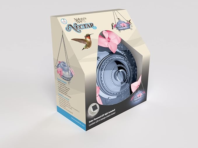 Nature's Way Bird Products ANTHF2-I Illuminated Antique Top-Fill Hummingbird Feeder, Light Blue/Pink