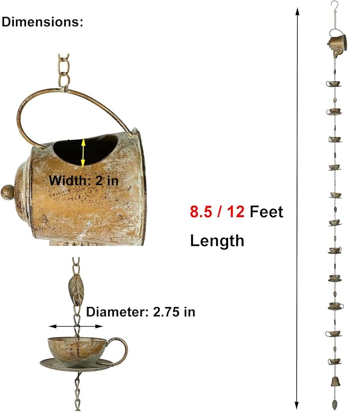 Jemeni Teapot & Teacups Rain Chain, 8.5 Ft Copper Patina Rain Chain for Gutters, Decorative Downspout Replacement with Hanging Bell