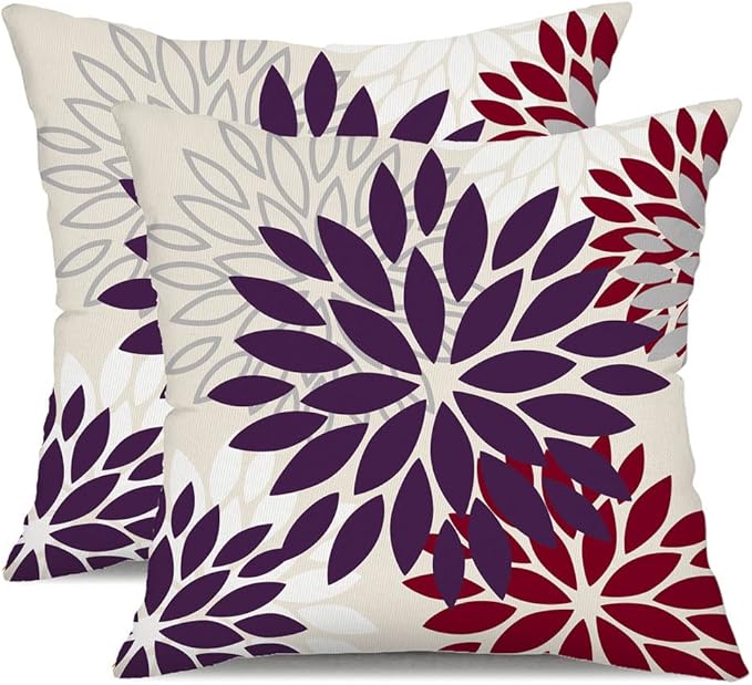 DFXSZ Purple Wine Red Flower Pillow Covers 20x20 Inch Set of 2 Outdoor Throw Pillows Outdoor Waterproof Decor for Living Room Sofa Patio Funiture Garden Floral Polyester Pillow Covers 002T20