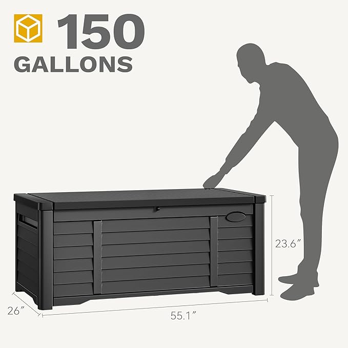 DWVO 150 Gallon Louvered Outdoor Storage Box, Lockable Resin Deck Box for Pillows, Tools, and Pool Supplies - Black