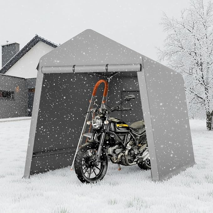 Outdoor Tarp Shed 6 X 8 Ft Portable Storage Shed with Roll-Up Door, Carport Bike Sheds ATV Storage Tent for Motorcycle, Car, Garden Tools Grey