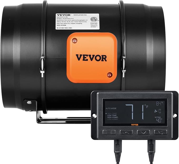 VEVOR Inline Duct Fan, 8-Inch 807 CFM with Temperature Humidity Controller, Quiet EC-Motor Ventilation Exhaust Fan for Cooling Booster, Grow Tents, Hydroponics