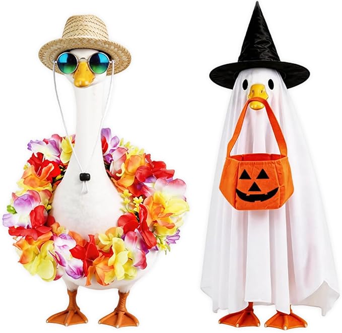 2 Set Porch Goose Outfits Holiday Goose Clothes - Summer Hawaiian Halloween Ghost Costume, Lawn Porch Goose Clothing for Patio Yard Decor (Hawaiian & Ghost)