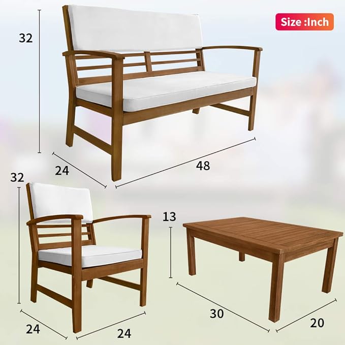 FDW 4-Piece Patio Conversation Set Acacia Wood Outdoor Sofa & Chairs with Coffee Table, Water-Resistant Cushions for Backyard, Garden, Balcony, Porch, Deck, Poolside, Beach Chat Set