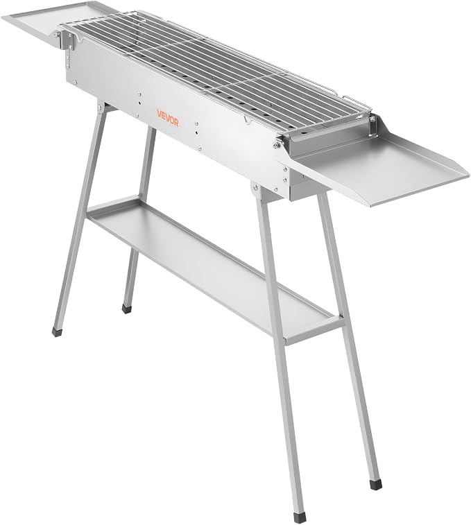 VEVOR Foldable Charcoal Grill, 250 sq.in. Portable Charcoal Barbecue Grill with Liftable Charcoal Tray & Side Tables, Brushed Stainless Steel BBQ Cooking Grills for Outdoor Camping Backyard Parties