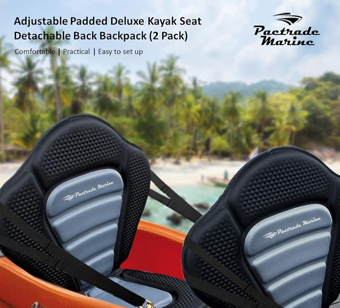 Pactrade Marine Adjustable Straps Black Gray Padded Deluxe Kayak Seat Detachable Storage Back Backpack Bag Canoe Backrest Support Cushion Sit On Top Fishing Brass Clips Canoeing Kayaking Rafting (2)