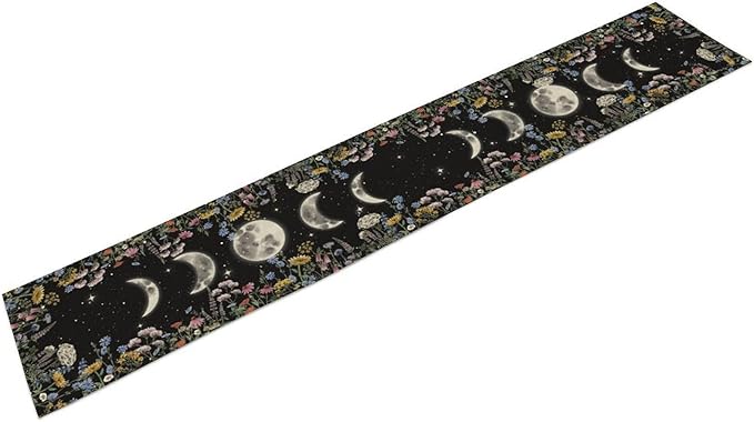 Floral Moon Table Runner, Boho Rustic Spring Flower Moon Phase Seasonal Garden Mystical Gothic Coffee Table Center Decor for Family Kitchen and Living Outdoor Farmhouse Table Decorations, 13"x90"
